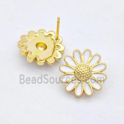 Copper Sunflower Stud Earrings White Enamel Gold Plated