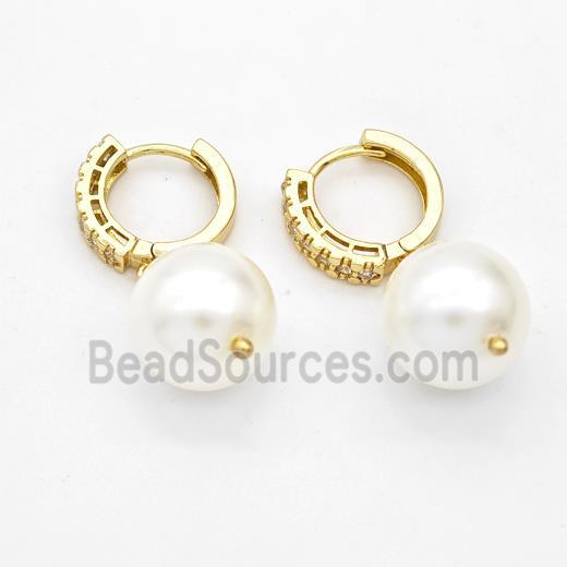 Copper Hoop Earrings Pave Zirconia White Pearlized Plastic Gold Plated