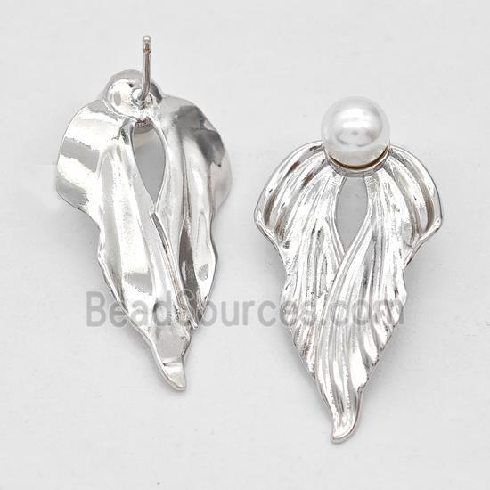 Copper Angel Wings Stud Earrings Pave Pearlized Plastic Platinum Plated