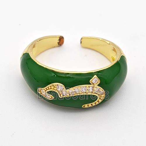 Copper Rings Pave Zirconia Green Enamel Seahorse Gold Plated