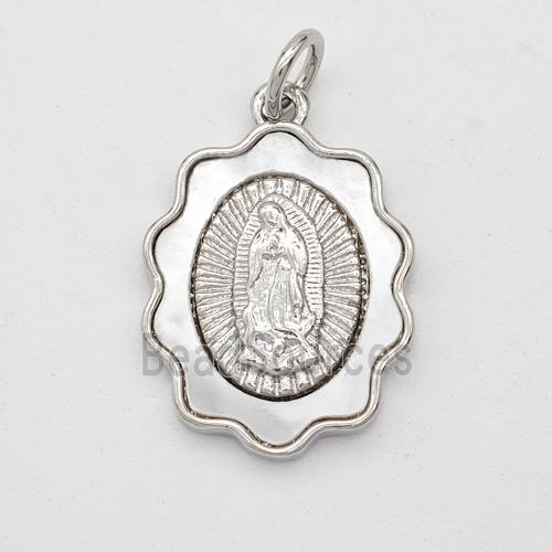 Virgin Mary Charms Copper Pendant Pave Shell Platinum Plated