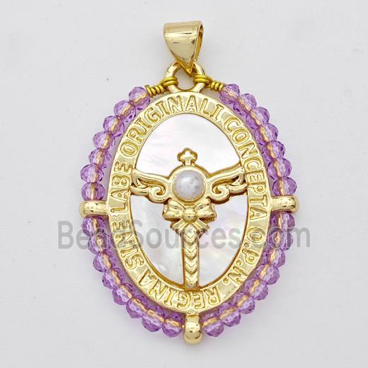 Copper Oval Pendant Pave Shell Angel Wing Cross Crystal Glass Wire Wrapped 18K Gold Plated