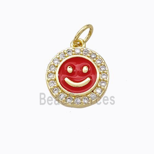 Copper Emoji Pendant Pave Zirconia Red Enamel Smile Face Gold Plated