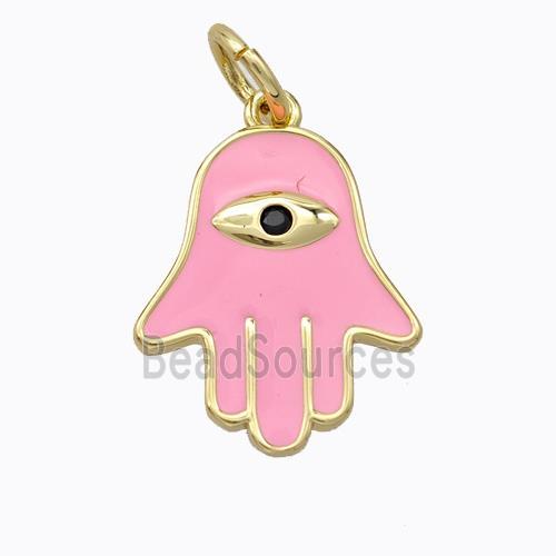 Copper Hamsahand Pendant Pink Enamel Eye Gold Plated