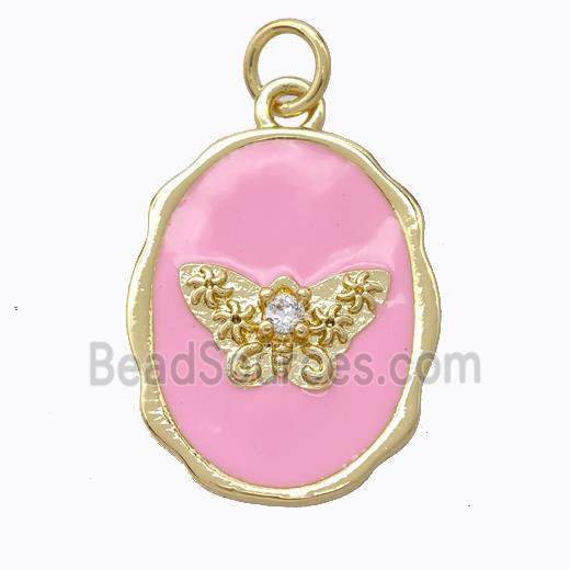 Copper Butterfly Pendant Pave Zirconia Pink Enamel Oval Gold Plated