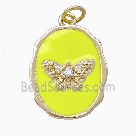 Copper Butterfly Pendant Pave Zirconia Yellow Enamel Oval Gold Plated