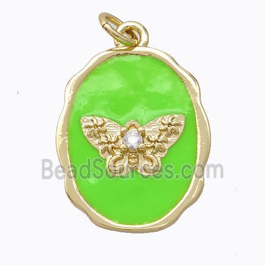 Copper Butterfly Pendant Pave Zirconia Green Enamel Oval Gold Plated