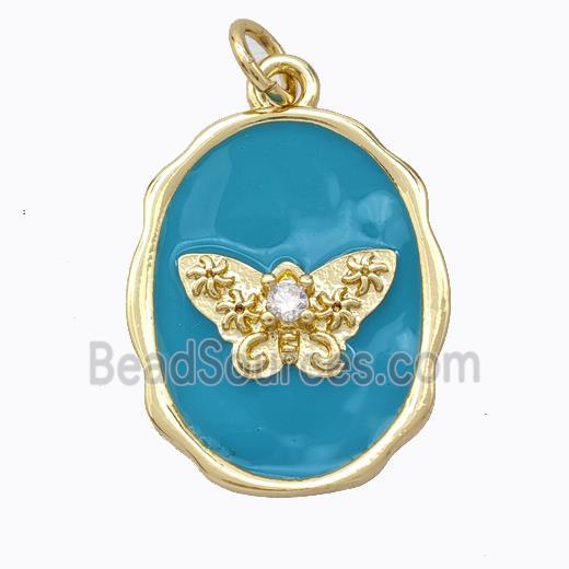 Copper Butterfly Pendant Pave Zirconia Teal Enamel Oval Gold Plated