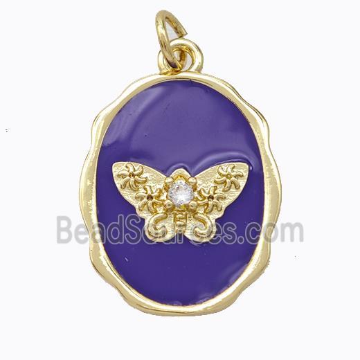 Copper Butterfly Pendant Pave Zirconia Purple Enamel Oval Gold Plated