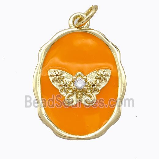 Copper Butterfly Pendant Pave Zirconia Orange Enamel Oval Gold Plated