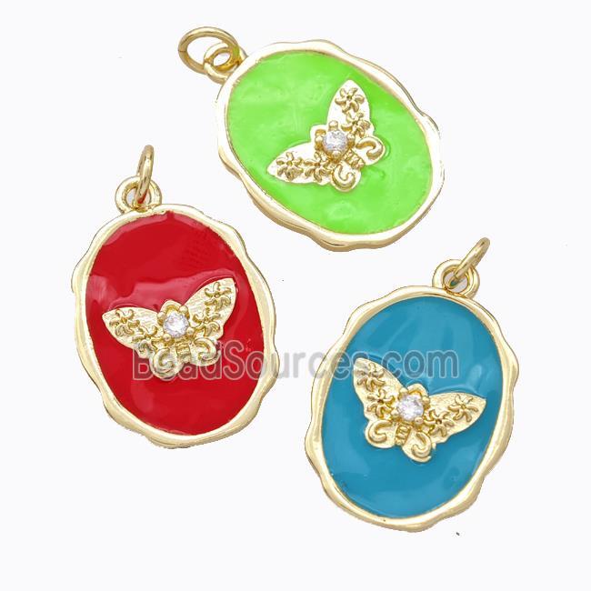 Copper Butterfly Pendant Pave Zirconia Enamel Oval Gold Plated Mixed