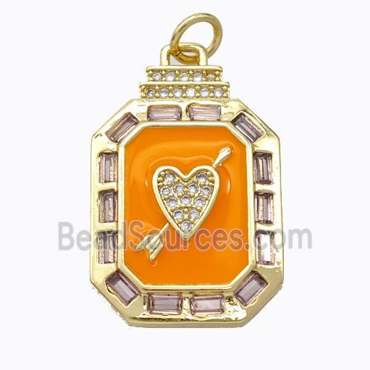 Cupid Arrow Heart Charms Copper Pendant Pave Zirconia Orange Enamel Rectangle Gold Plated