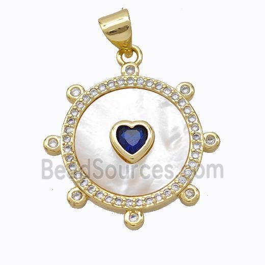 Copper Circle Pendant Pave Shell Heart Zirconia Gold Plated