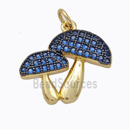 Copper Mushroom Pendant Micropave Blue Zirconia Gold Plated