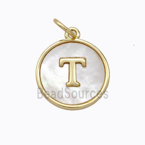Copper Letter-T Pendant Pave Shell Gold Plated