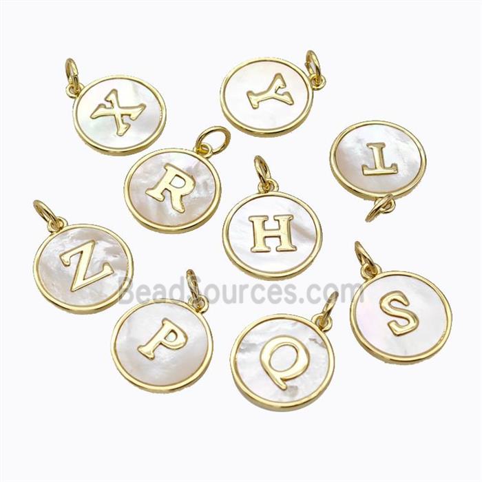 Copper Letter Pendant Micro Pave Shell Circle Mixed Alphabet Gold Plated