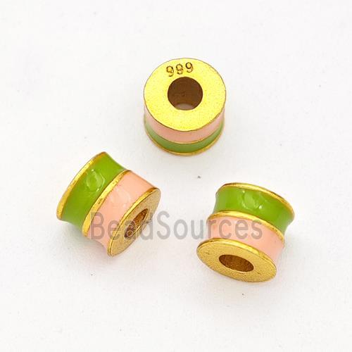 Copper Tube Beads Green Pink Enamel Large Hole Gold Plated