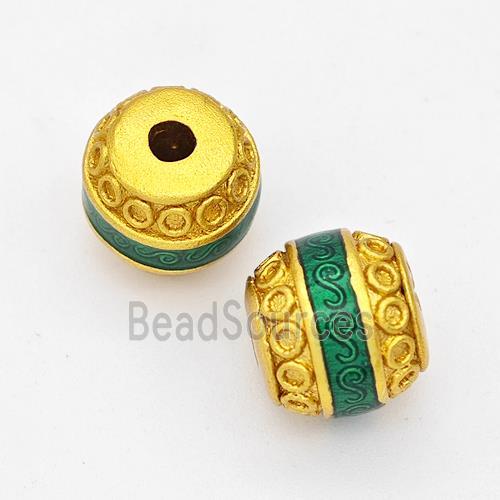 Copper Barrel Beads Green Painted Gold Plated