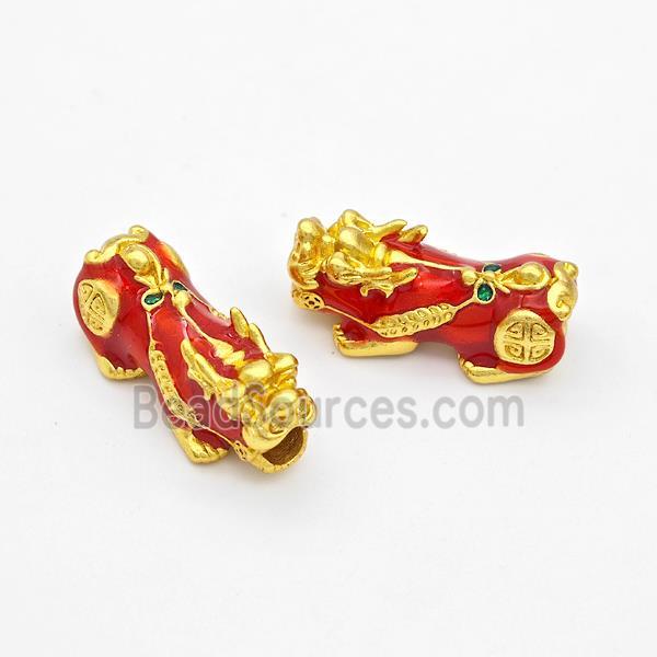 Copper Pixiu Charms Beads Red Enamel Large Hole Gold Plated