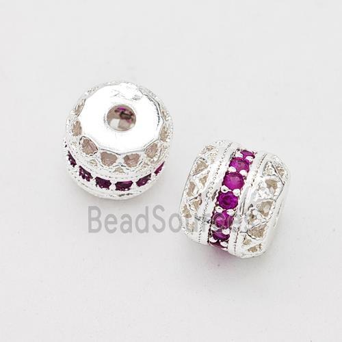 Copper Rondelle Beads Micro Pave Zirconia Hollow Shiny Silver