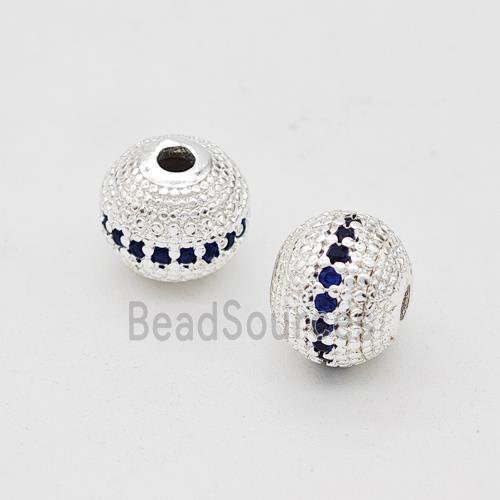 Copper Round Beads Micro Pave Blue Zirconia Shiny Silver