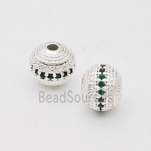 Copper Round Beads Micro Pave Green Zirconia Shiny Silver