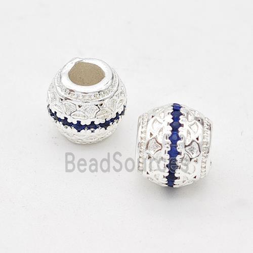 Copper Round Beads Micro Pave Blue Zirconia Large Hole Shiny Silver