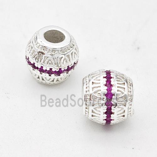 Copper Round Beads Micro Pave Fuchsia Zirconia Large Hole Shiny Silver