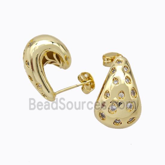 Copper Comma Stud Earrings Micropave Zirconia Hollow Gold Plated