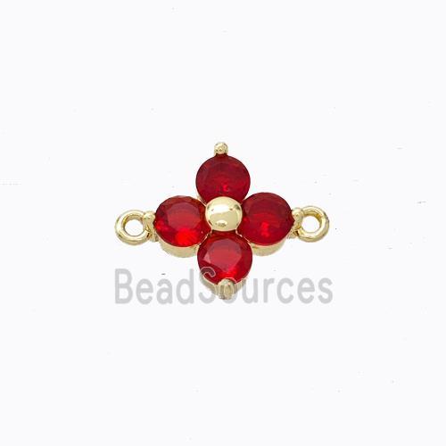 Copper Clover Connector Pave Red Zirconia Gold Plated