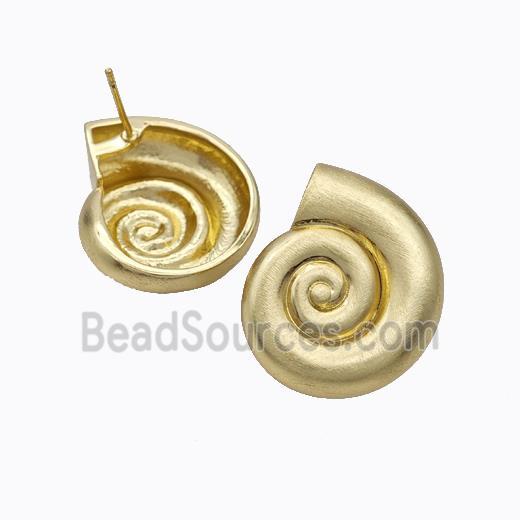 Copper Stud Earrings Spiral Shell Matte Gold Plated