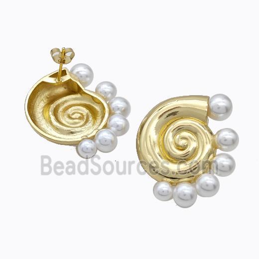 Copper Stud Earrings Pave Pearlized Resin Spiral Shell Gold Plated