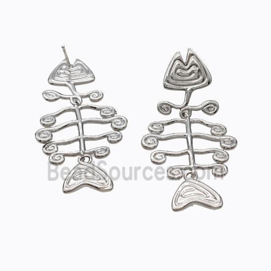 Copper Fishbone Stud Earrings Platinum Plated