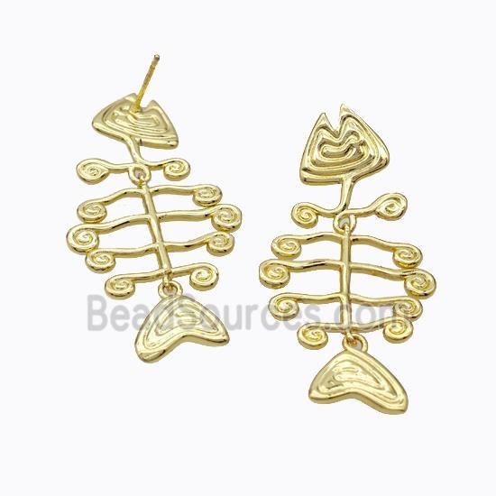 Copper Fishbone Stud Earrings Gold Plated