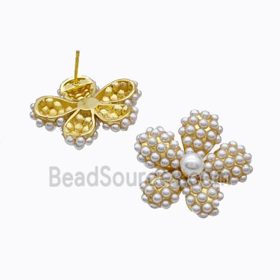 Copper Flower Stud Earrings Pave Pearlized Resin Gold Plated