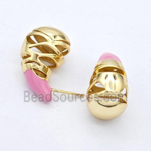 Copper Teardrop Stud Earrings Pink Enamel Hollow Gold Plated