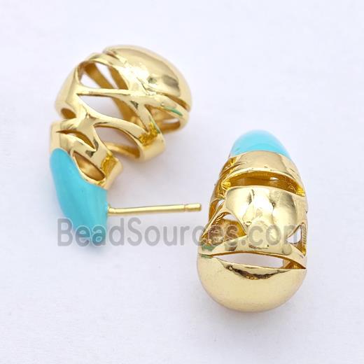Copper Teardrop Stud Earrings Turqblue Enamel Hollow Gold Plated