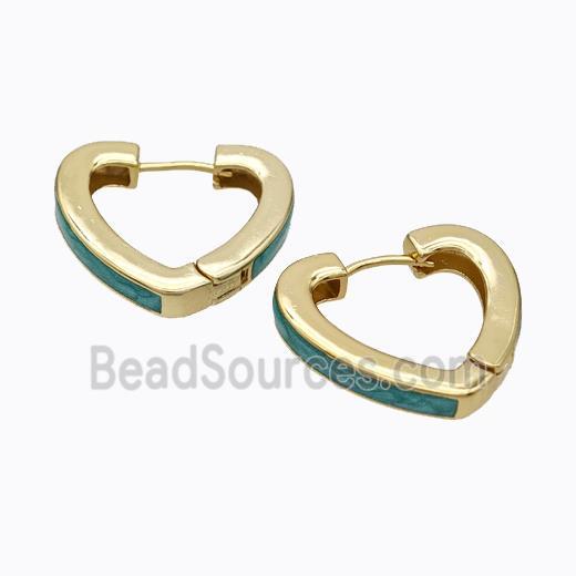 Copper Heart Latchback Earrings Green Painted Gold Plated