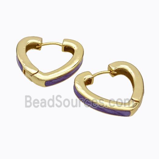 Copper Heart Latchback Earrings Purple Painted Gold Plated