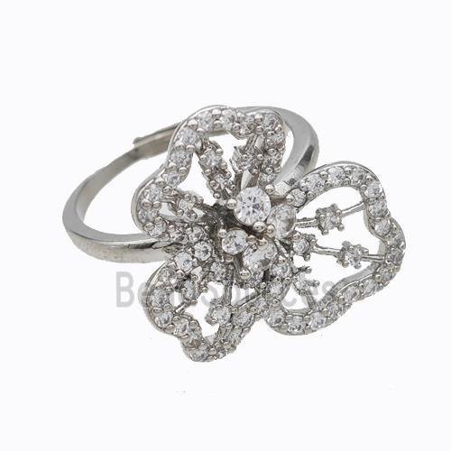 Copper Flower Rings Micropave Zirconia Adjustable Platinum Plated