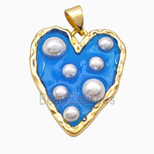 Copper Heart Pendant Pave Pearlized Resin Blue Gold Plated