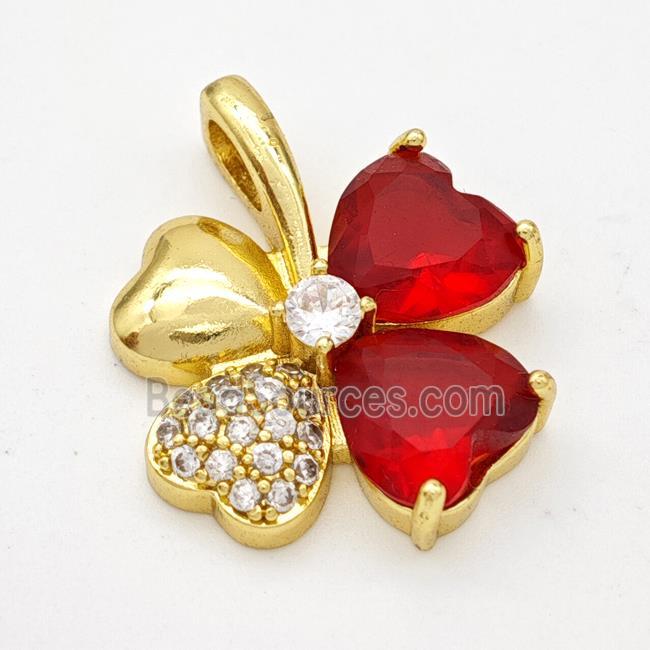 Copper Clover Pendant Pave Zirconia Red Crystal Glass Gold Plated