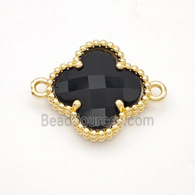 Black Crystal Glass Copper Clover Connector Gold Plated