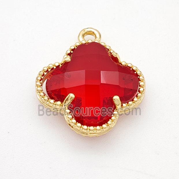 Red Crystal Glass Copper Clover Pendant Gold Plated