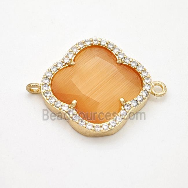 Orange Cats Eye Glass Copper Clover Connector Pave Zirconia Gold Plated