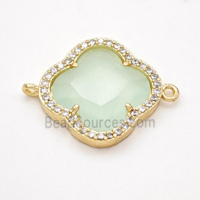 Lt.green Jadeite Glass Copper Clover Connector Pave Zirconia Gold Plated