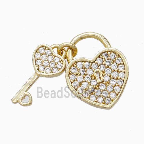 Copper Heart Lock And Key Pendant Micropave Zirconia Gold Plated