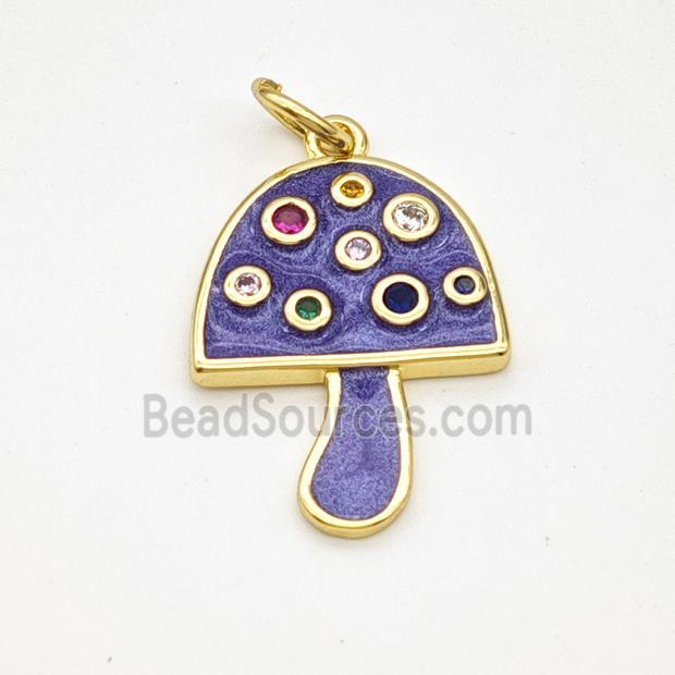 Copper Mushroom Pendant Pave Zirconia Purple Painted Gold Plated