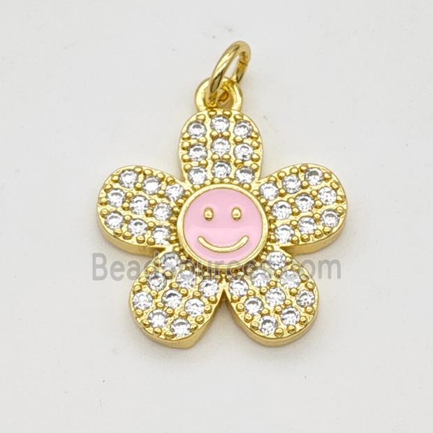 Copper Sunflower Pendant Pave Zirconia Pink Enamel Smileface Gold Plated