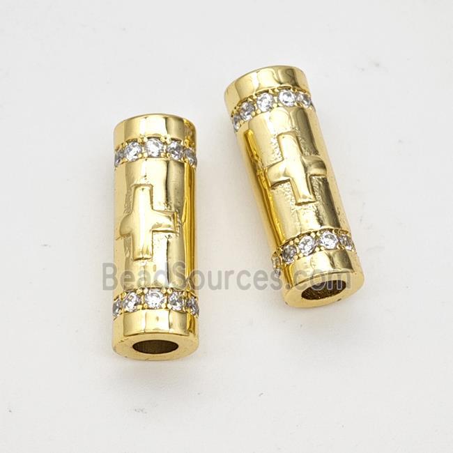 Copper Tube Beads Pave Zirconia Large Hole Gold Plated